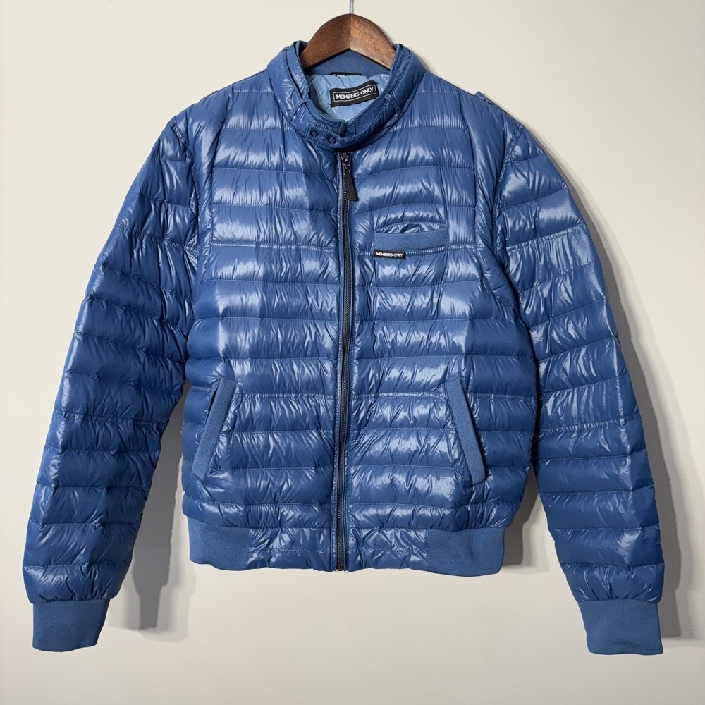 Members Only Slim Down Racer Jacket M Blue Down Feather Full Zip‎ Quilted Puffer